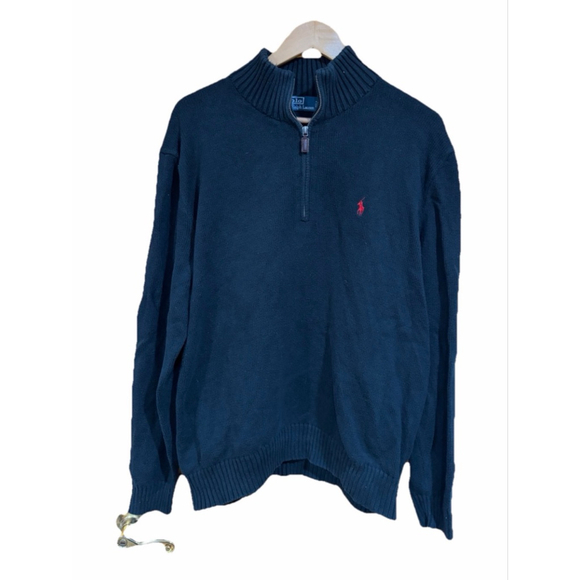 Polo Ralph Lauren Quarter Zip Sweater Black Cotton Pony Logo Pullover L